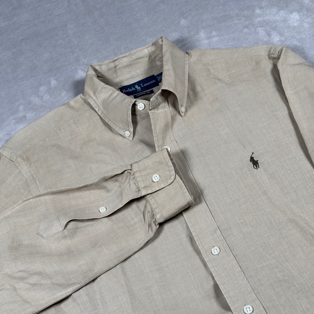 Ralph Lauren Button Down Mens L Tan Linen Silk Blend Classic Fit Long Sleeve